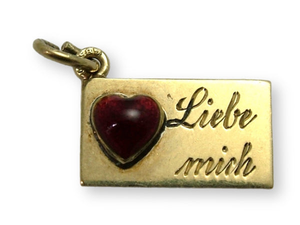 Vintage 1950’s 14ct 14k Gold & Red Enamel Heart Letter Charm “Liebe Mich” LOVE ME Gold Charm - Sandy's Vintage Charms