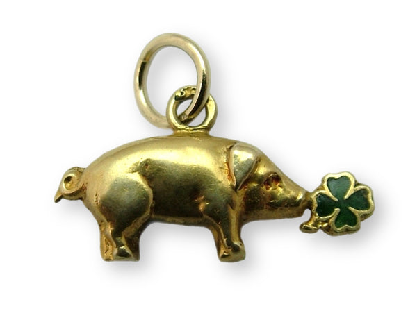 Vintage 1920’s/30’s 14ct 14k Gold Pig Charm with Green Enamel Lucky Four Leaf Clover