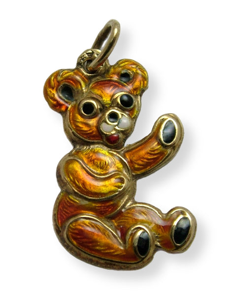 Vintage 1950's Hollow 14ct 14k Gold & Orange Enamel Teddy Bear Charm