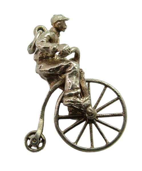 Large Vintage 1970's Silver Man Riding Penny Farthing Bicycle Charm with Moving Wheel Silver Charm - Sandy's Vintage Charms