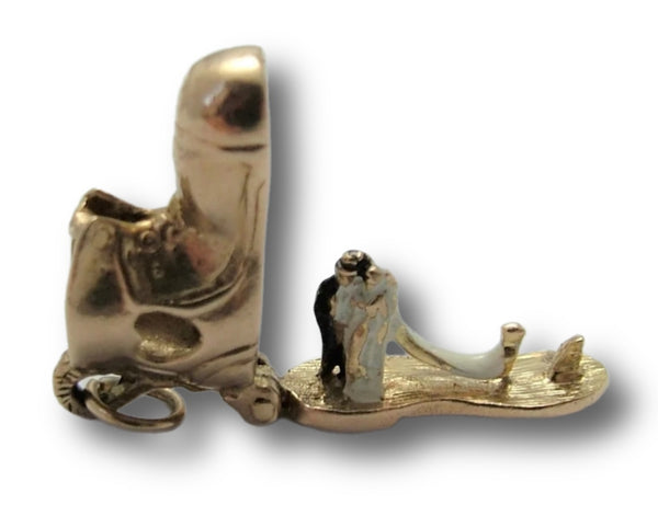 Vintage 1960's 9ct Gold Opening “Just Married” Boot Charm With Enamel Bride & Groom Inside Gold Charm - Sandy's Vintage Charms