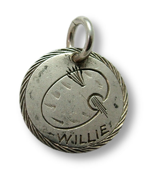 Antique Victorian Silver Pictorial Love Token Coin Charm Engraved with a PAINT PALETTE & WILLIE Love Token - Sandy's Vintage Charms