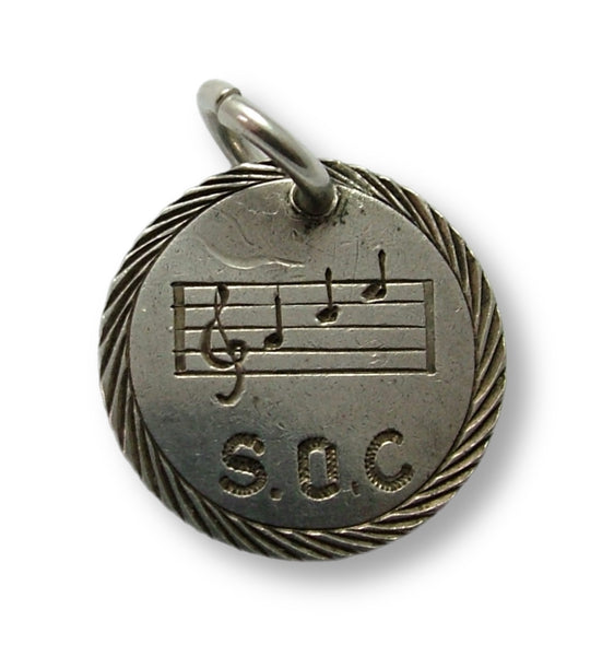Antique Victorian Silver Pictorial Love Token Coin Charm Engraved with MUSIC NOTES & SOC Love Token - Sandy's Vintage Charms