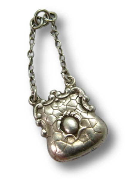 Antique Victorian Silver Puffed Handbag Charm With Chain Handle Antique Charm - Sandy's Vintage Charms