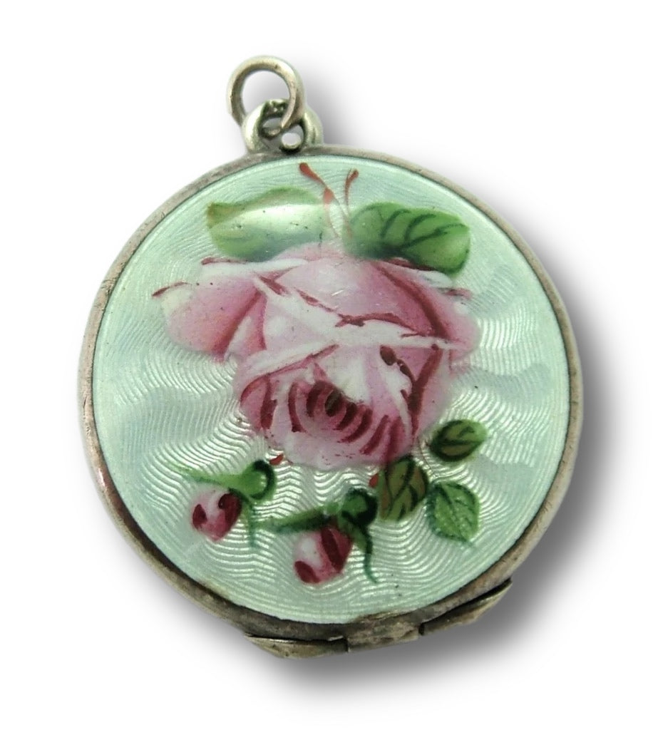 Large Vintage 1930's Silver & Guilloche Enamel Locket Charm with Pink Rose Decoration Enamel Charm - Sandy's Vintage Charms