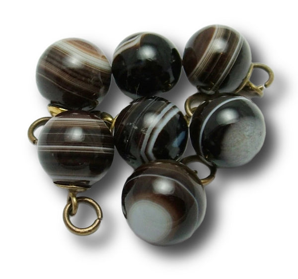 Antique Victorian c1900 Gilt Brass & Banded Agate Button Charms x 7 Antique Charm - Sandy's Vintage Charms
