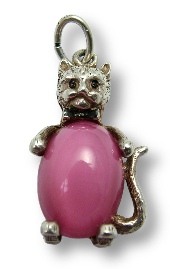 Vintage 1960's Silver & Pink Crystal Cat Charm with Bow Tie Silver Charm - Sandy's Vintage Charms