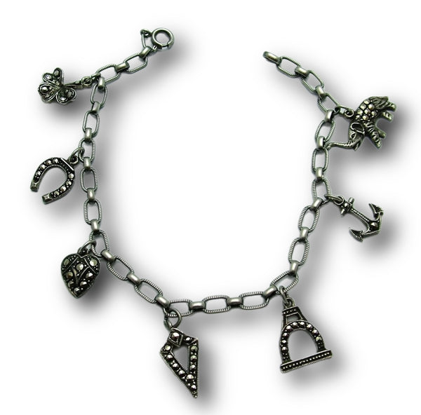 Vintage 1920’s/30’s Silver Bracelet with 7 Marcasite Charms Bracelet - Sandy's Vintage Charms