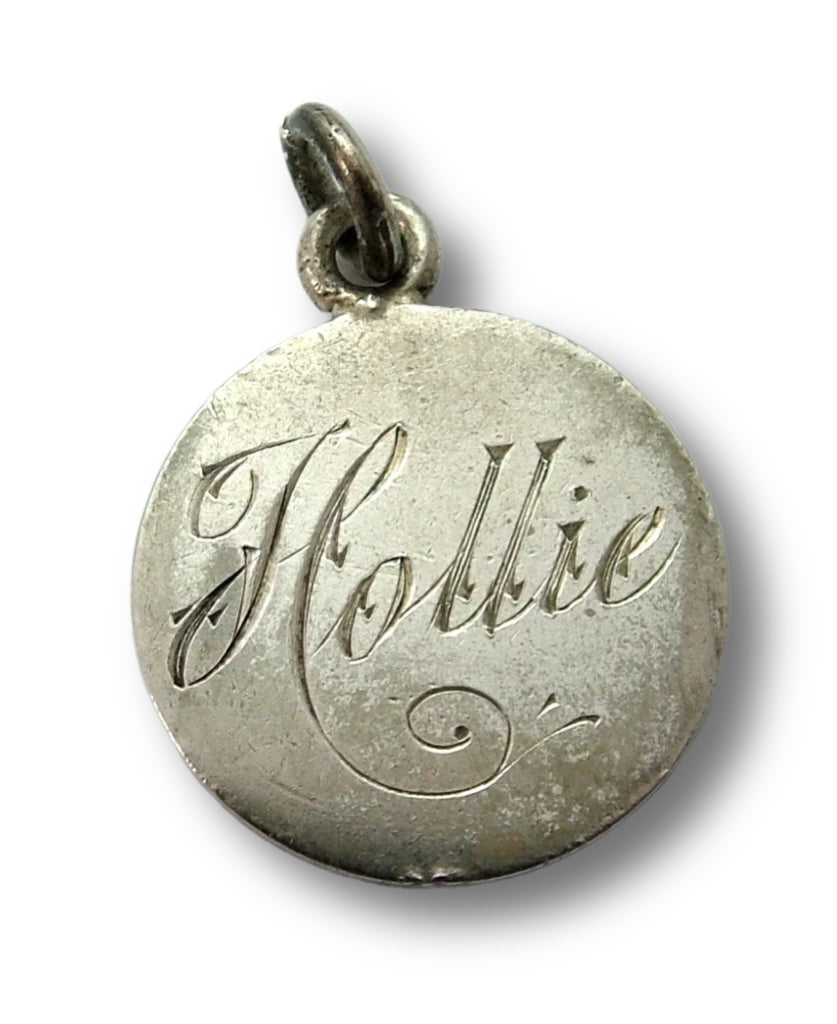Antique Victorian Swiss 1885 Engraved Love Token Coin Charm “Hollie” Love Token - Sandy's Vintage Charms