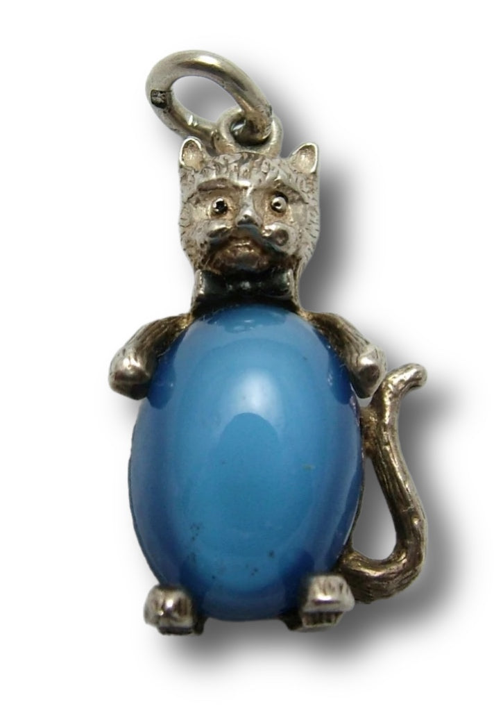 Vintage 1960's Silver & Blue Crystal Cat Charm with Bow Tie Silver Charm - Sandy's Vintage Charms