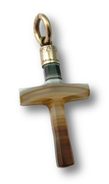 Antique Victorian c1890 Banded Agate & 9ct Gold Plated Cross Charm Antique Charm - Sandy's Vintage Charms
