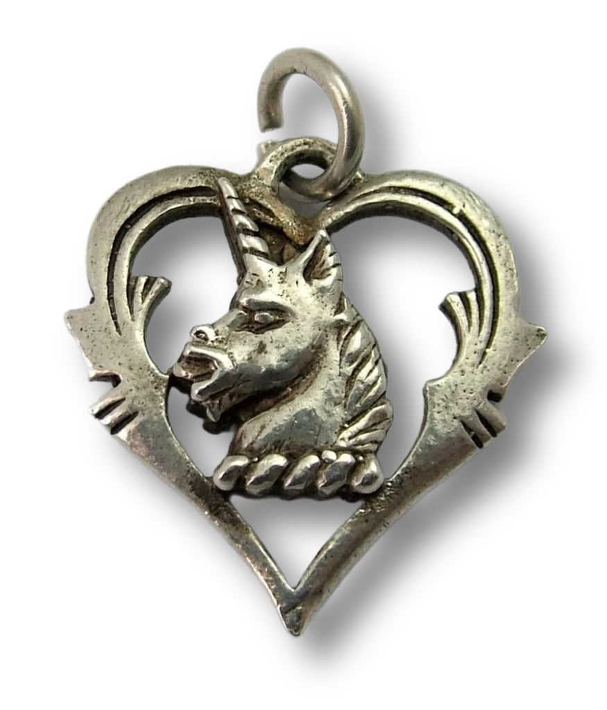 Vintage 1960's Solid Silver Heraldic Unicorn Heart Charm Silver Charm - Sandy's Vintage Charms