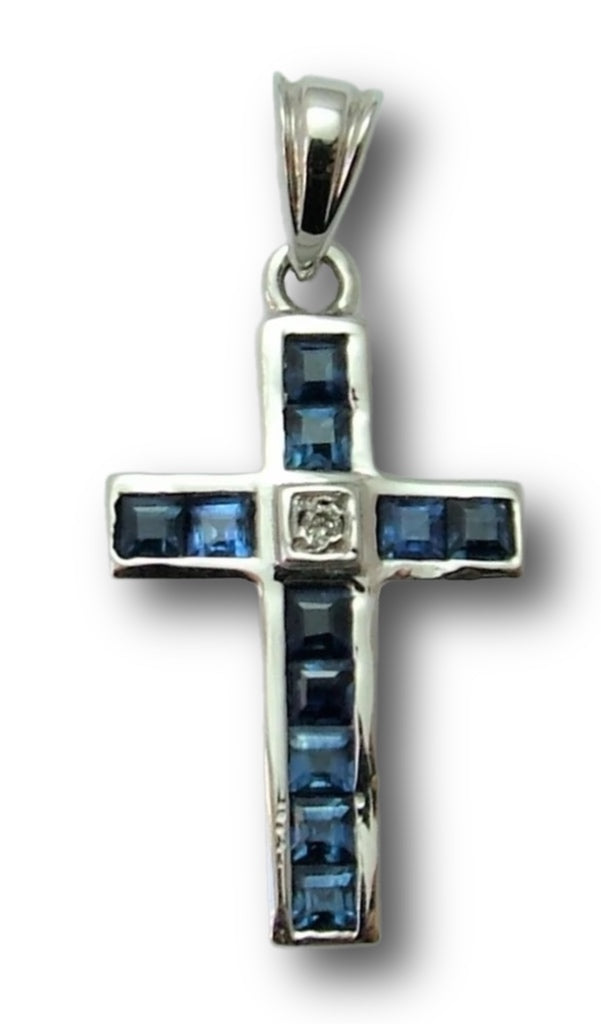 Modern Secondhand Solid 18k 18ct White Gold, Sapphire & Diamond Cross Charm Gold Charm - Sandy's Vintage Charms