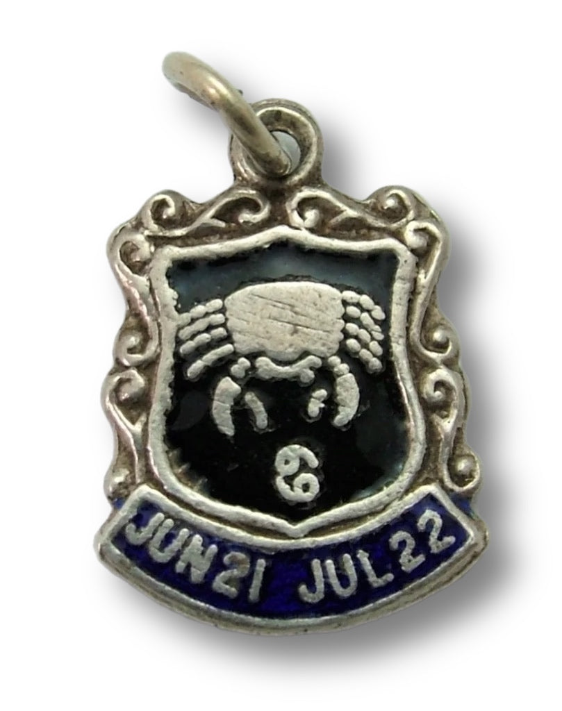 Vintage 1960's Silver & Enamel Shield Charm for the ZODIAC Sign of CANCER (Design A) Enamel Charm - Sandy's Vintage Charms