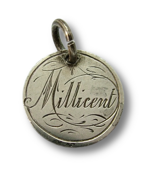 Antique Victorian Silver Engraved Love Token Coin Charm "Millicent" Love Token - Sandy's Vintage Charms