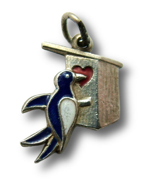 Small Vintage 1950's Silver & Enamel Bird & Heart Nestbox Charm Enamel Charm - Sandy's Vintage Charms