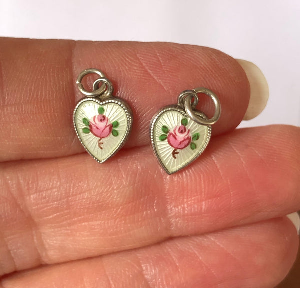 Small Vintage 1950's Silver & Enamel Heart Charm with Pink Rose Enamel Charm - Sandy's Vintage Charms
