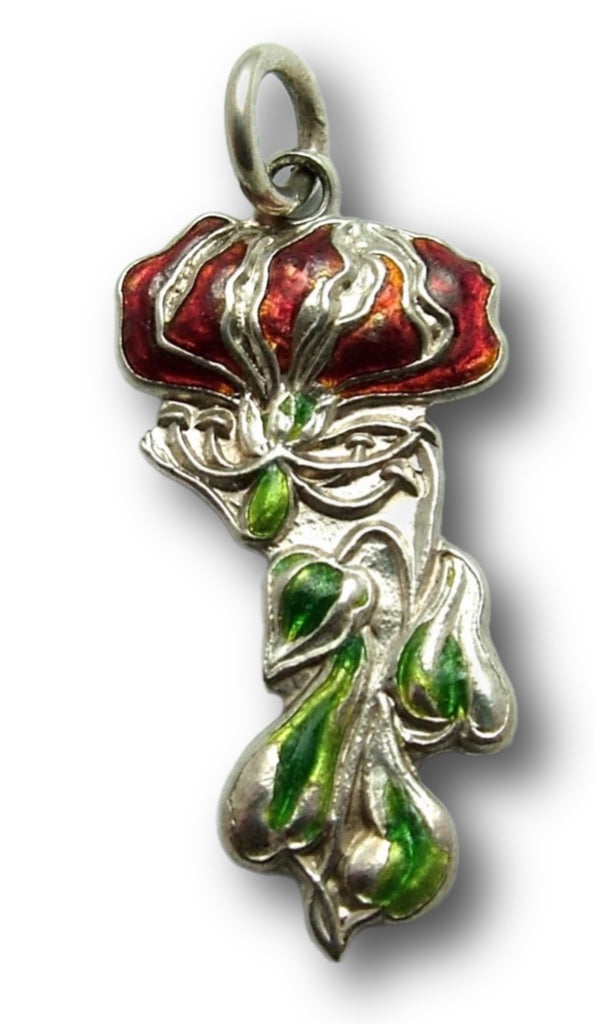 Large Vintage 1960's Silver & Enamel Art Nouveau Style Red Flower Charm Enamel Charm - Sandy's Vintage Charms