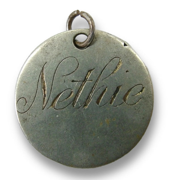 Antique Victorian Silver Engraved Love Token Coin Charm NETHIE Love Token - Sandy's Vintage Charms