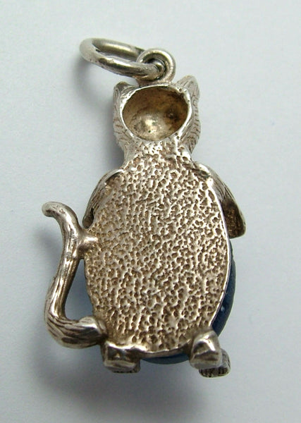 Vintage 1960's Silver & Blue Crystal Cat Charm with Bow Tie Silver Charm - Sandy's Vintage Charms