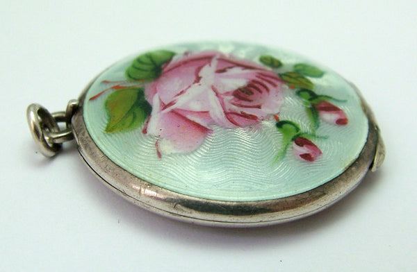 Large Vintage 1930's Silver & Guilloche Enamel Locket Charm with Pink Rose Decoration Enamel Charm - Sandy's Vintage Charms