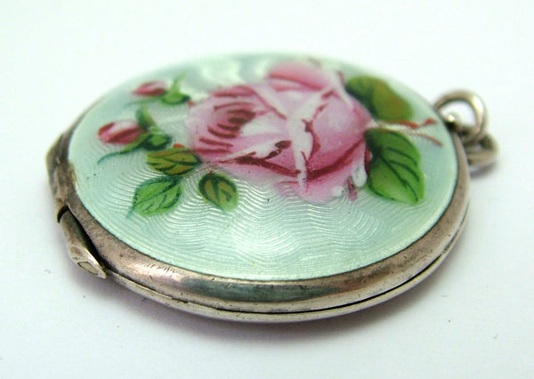 Large Vintage 1930's Silver & Guilloche Enamel Locket Charm with Pink Rose Decoration Enamel Charm - Sandy's Vintage Charms
