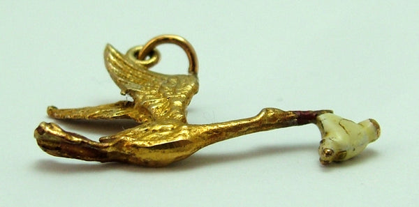 Vintage 1950's Solid 9ct Gold Flying Stork Charm Carrying an Enamelled Baby Gold Charm - Sandy's Vintage Charms
