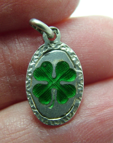 Antique c1915 Silver & Green Enamel Lucky Four Leaf Clover Charm Antique Charm - Sandy's Vintage Charms