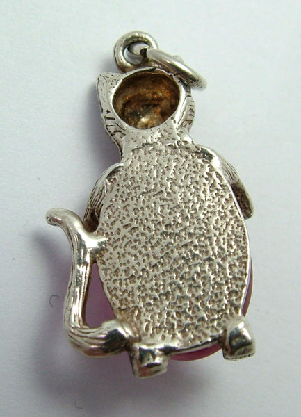 Vintage 1960's Silver & Pink Crystal Cat Charm with Bow Tie Silver Charm - Sandy's Vintage Charms