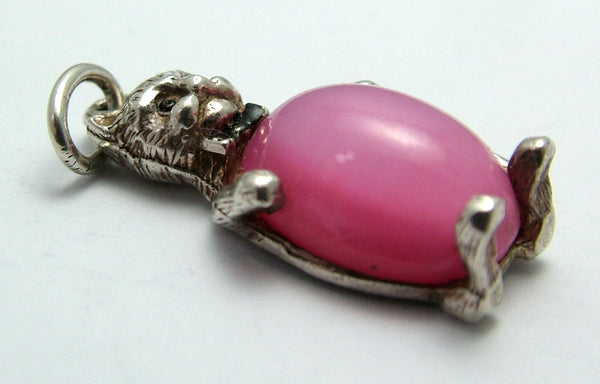 Vintage 1960's Silver & Pink Crystal Cat Charm with Bow Tie Silver Charm - Sandy's Vintage Charms