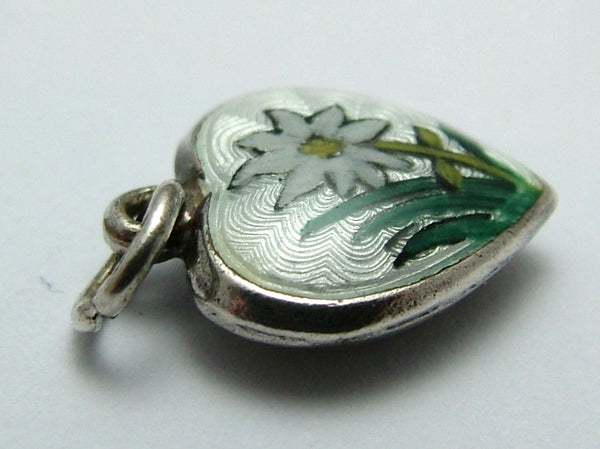 Small Vintage 1950's Silver & Guilloche Enamel Puffy Heart Charm with Edelweiss Enamel Charm - Sandy's Vintage Charms