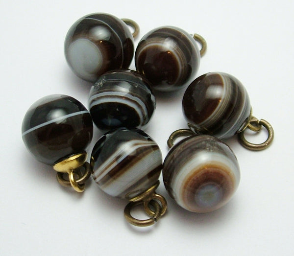 Antique Victorian c1900 Gilt Brass & Banded Agate Button Charms x 7 Antique Charm - Sandy's Vintage Charms