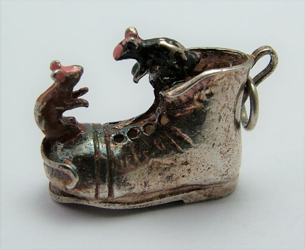 Vintage 1970's Silver Nuvo Mice in a Boot Charm Enamel Painted Silver Charm - Sandy's Vintage Charms
