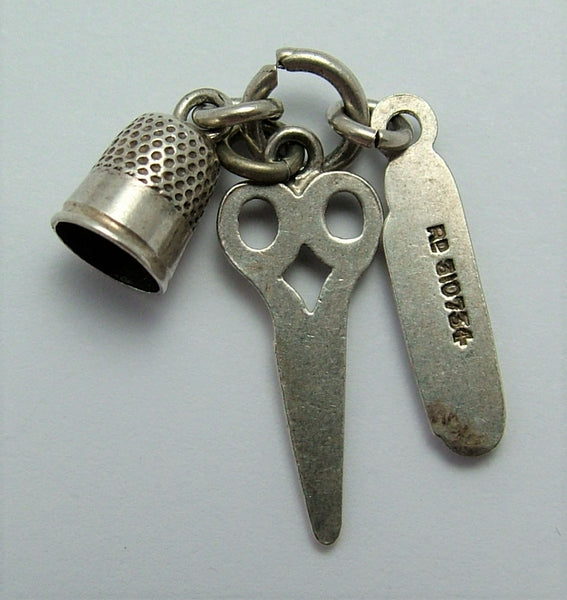 Antique Victorian c1897 Silver Miniature Scissors, Thimble & Penknife Charms Antique Charm - Sandy's Vintage Charms
