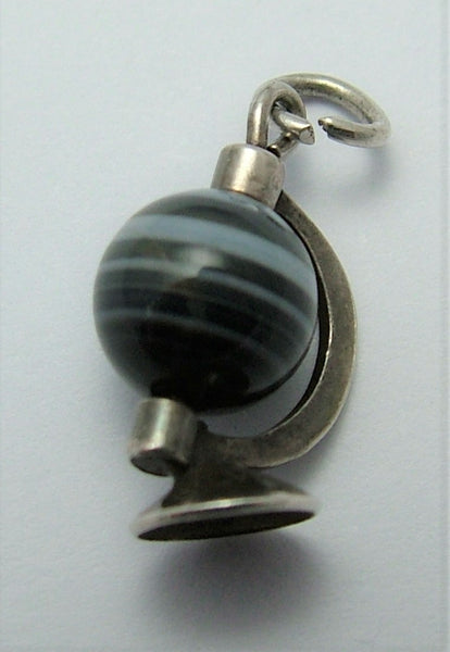 Vintage 1920's Silver & Banded Agate Rotating Globe Charm Silver Charm - Sandy's Vintage Charms