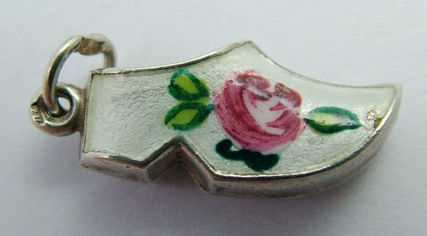 Vintage 1950's Silver & White Enamel Clog Charm with Pink Roses Enamel Charm - Sandy's Vintage Charms