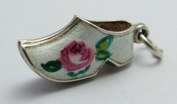 Vintage 1950's Silver & White Enamel Clog Charm with Pink Roses Enamel Charm - Sandy's Vintage Charms