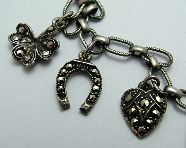 Vintage 1920’s/30’s Silver Bracelet with 7 Marcasite Charms Bracelet - Sandy's Vintage Charms