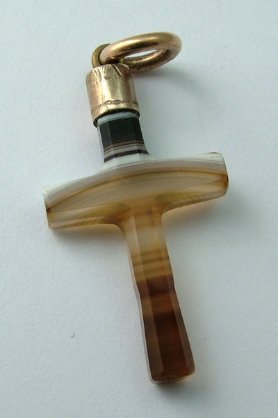 Antique Victorian c1890 Banded Agate & 9ct Gold Plated Cross Charm Antique Charm - Sandy's Vintage Charms