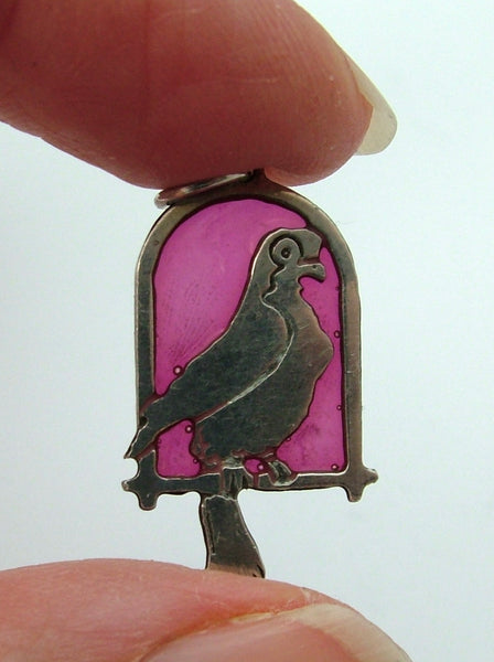 Vintage 1960's Silver Parrot or Bird Charm with Translucent Pink Background HM1962 Silver Charm - Sandy's Vintage Charms