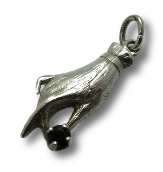 Vintage 1980’s Silver Hand Charm Holding a Blue Jewel Silver Charm - Sandy's Vintage Charms