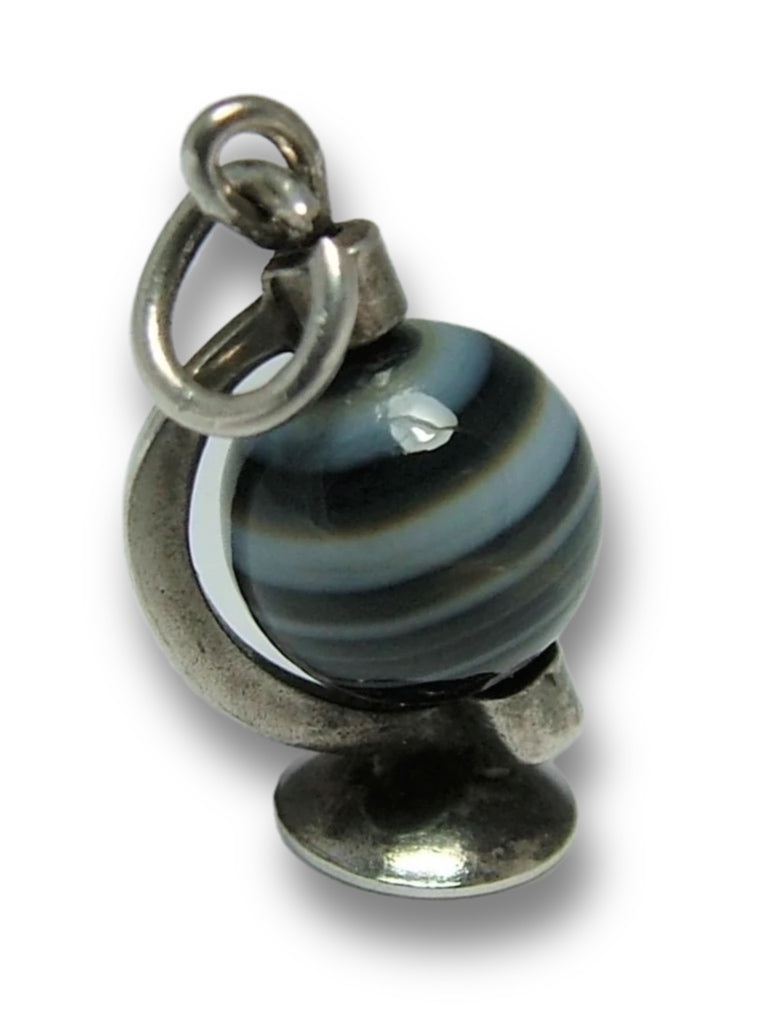 Vintage 1920's Silver & Banded Agate Rotating Globe Charm Silver Charm - Sandy's Vintage Charms