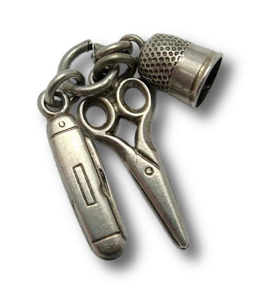 Antique Victorian c1897 Silver Miniature Scissors, Thimble & Penknife Charms Antique Charm - Sandy's Vintage Charms