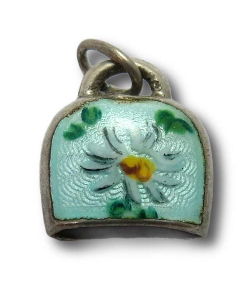 Small Vintage 1950's Silver & Blue Guilloche Enamel Cow Bell Charm with Edelweiss Flower Enamel Charm - Sandy's Vintage Charms